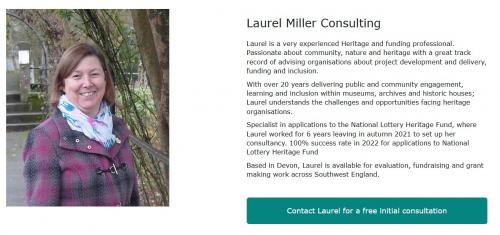 Screenshot from website with photo of Laurel Miller and information about her work